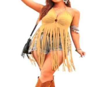 Women's Sexy Plus Size Halter Tan Western Fringe top sz 20/4x